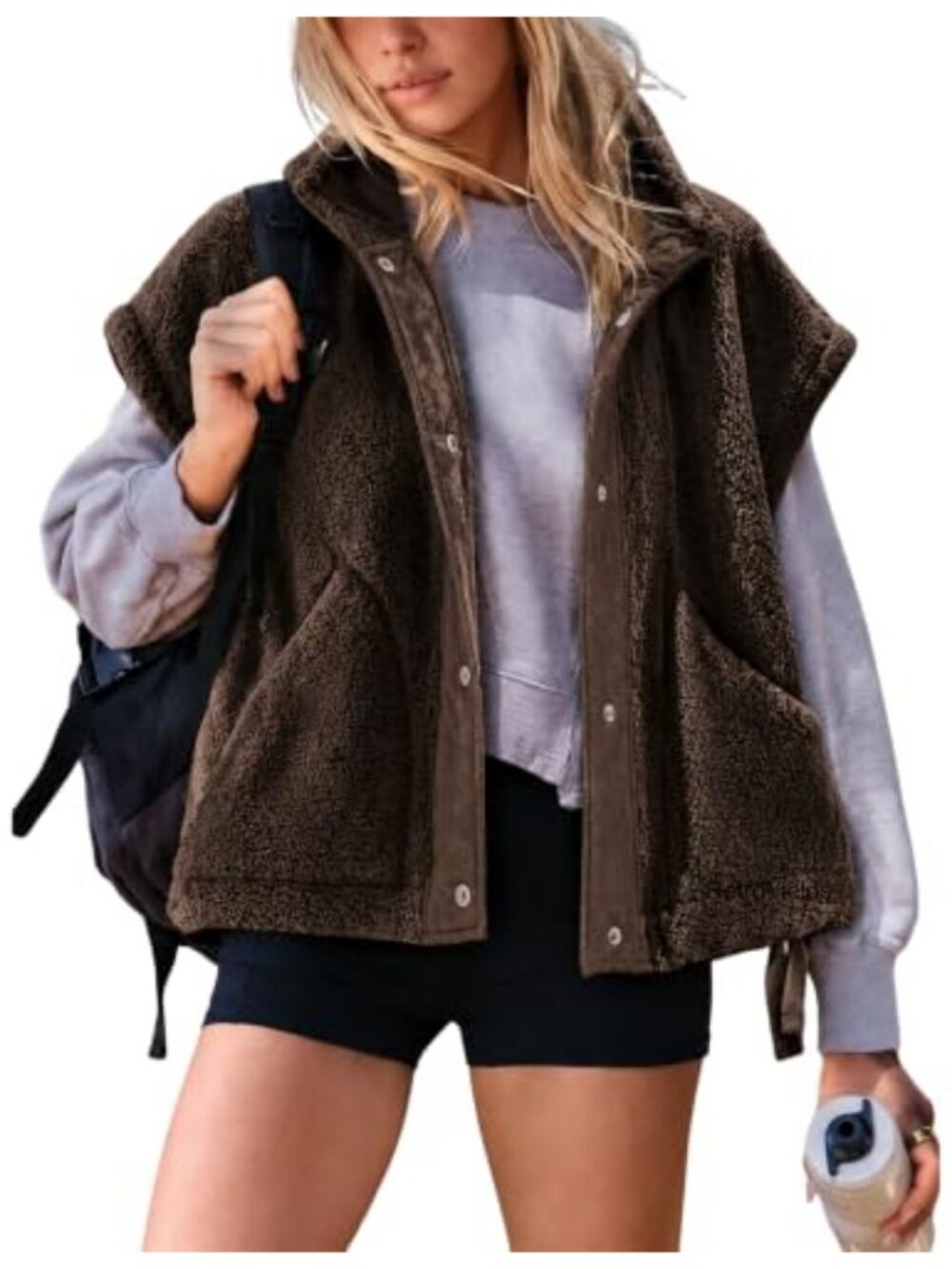 Oversized Sherpa Fleece Vest Fuzzy Sleeveless Gilet Snap Button Women